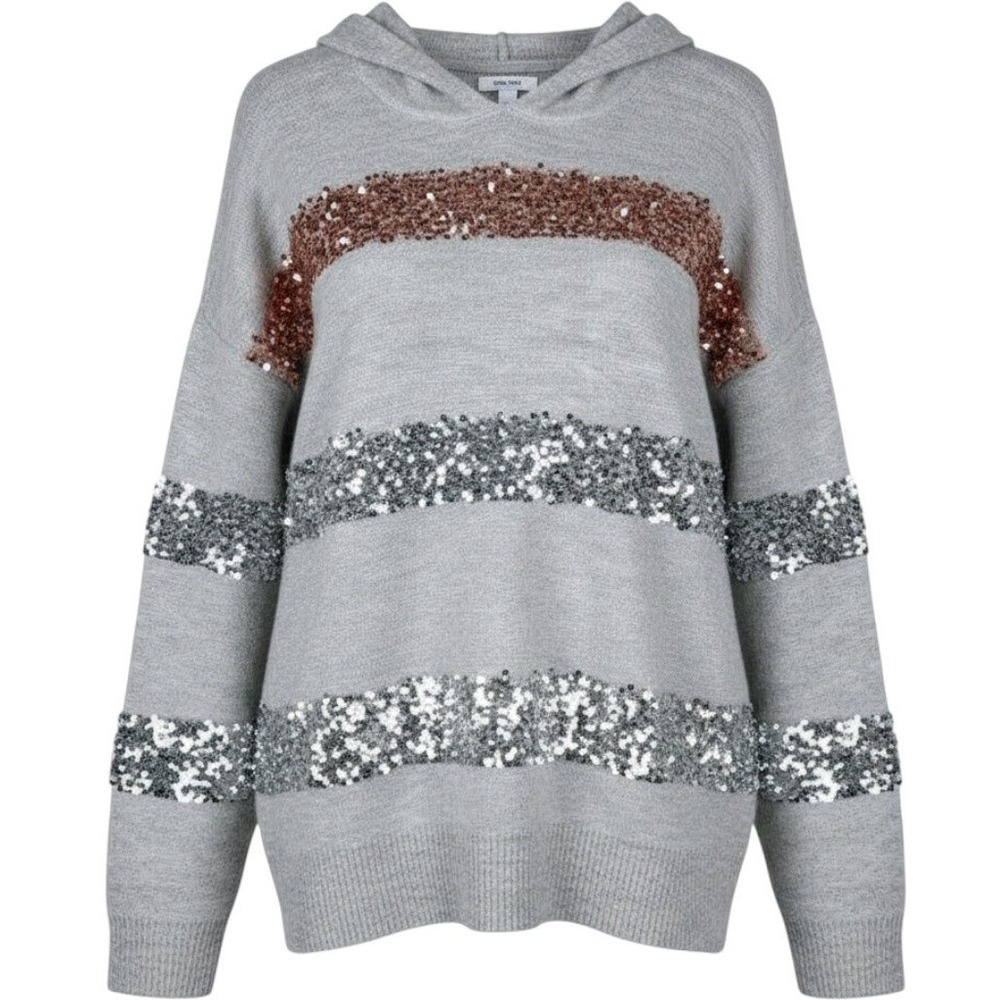 Nine West Sequin Stripe Hoodie Sweater Womens XL Grey Sparkle Festive